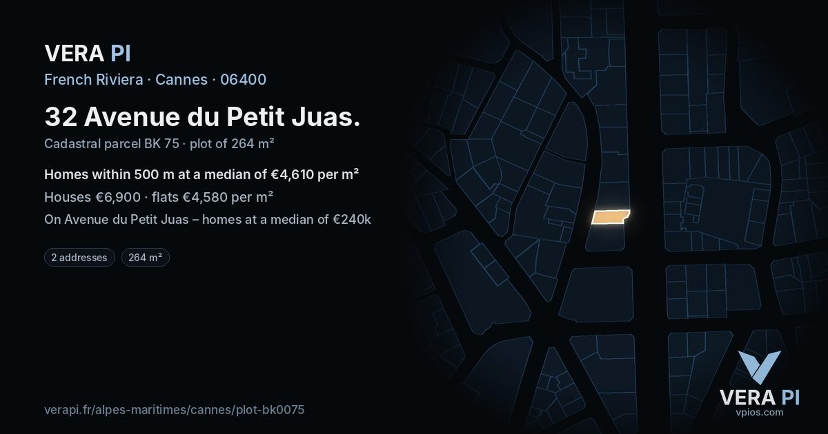 32 Avenue du Petit Juas, Cannes at night – the plot lit, the parcels around coloured by the prices near them