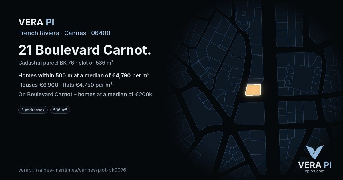 21 Boulevard Carnot, Cannes at night – the plot lit, the parcels around coloured by the prices near them