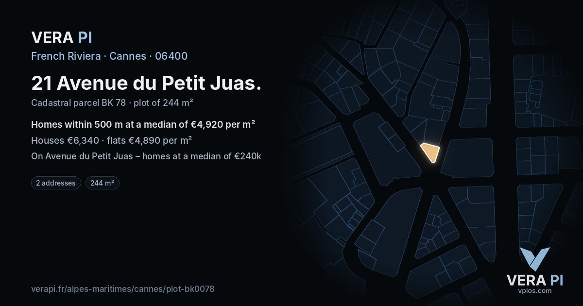 21 Avenue du Petit Juas, Cannes at night – the plot lit, the parcels around coloured by the prices near them