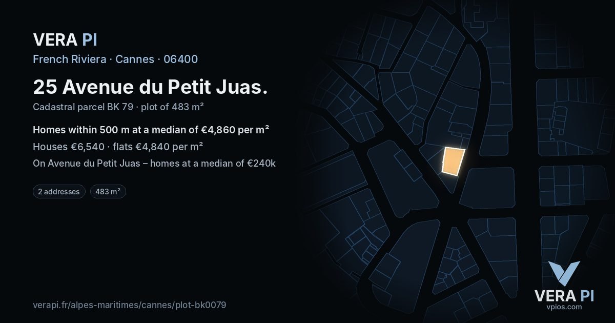 25 Avenue du Petit Juas, Cannes at night – the plot lit, the parcels around coloured by the prices near them