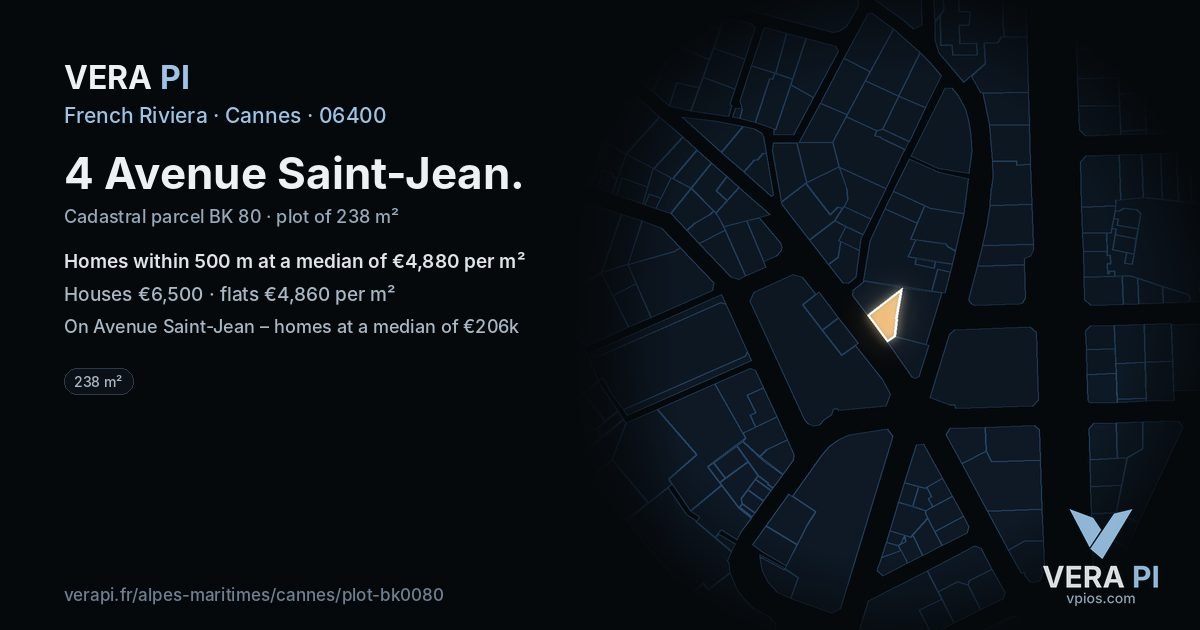 4 Avenue Saint-Jean, Cannes at night – the plot lit, the parcels around coloured by the prices near them