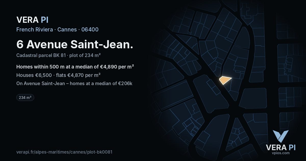 6 Avenue Saint-Jean, Cannes at night – the plot lit, the parcels around coloured by the prices near them