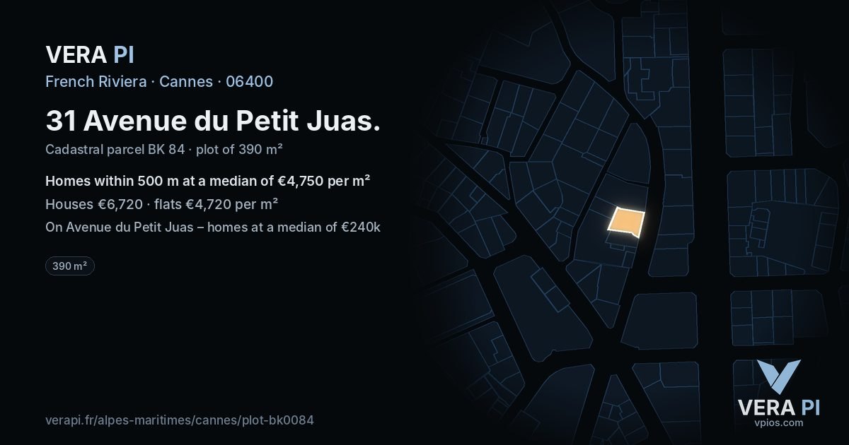 31 Avenue du Petit Juas, Cannes at night – the plot lit, the parcels around coloured by the prices near them