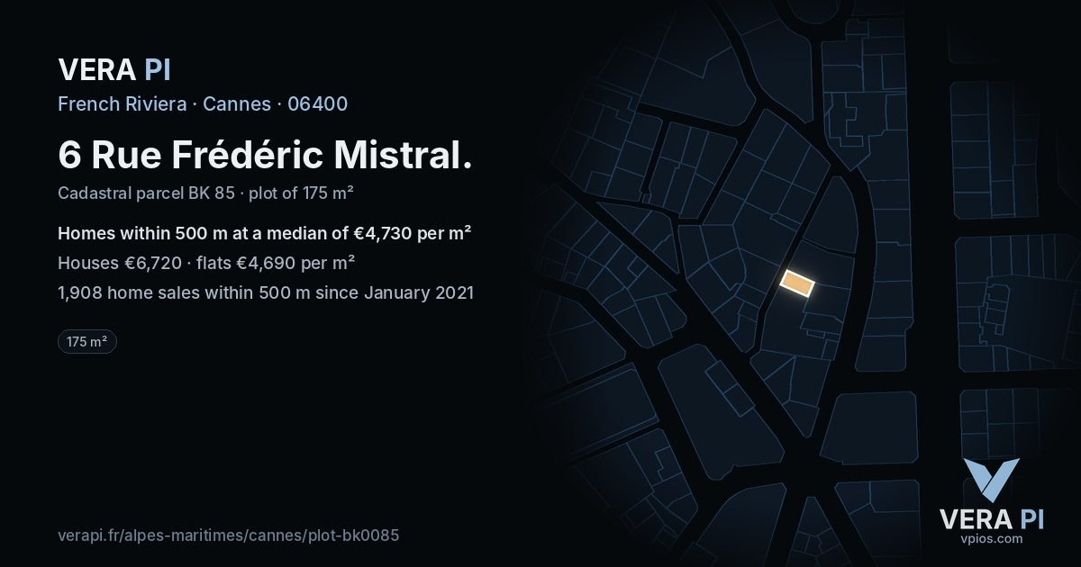 6 Rue Frédéric Mistral, Cannes at night – the plot lit, the parcels around coloured by the prices near them