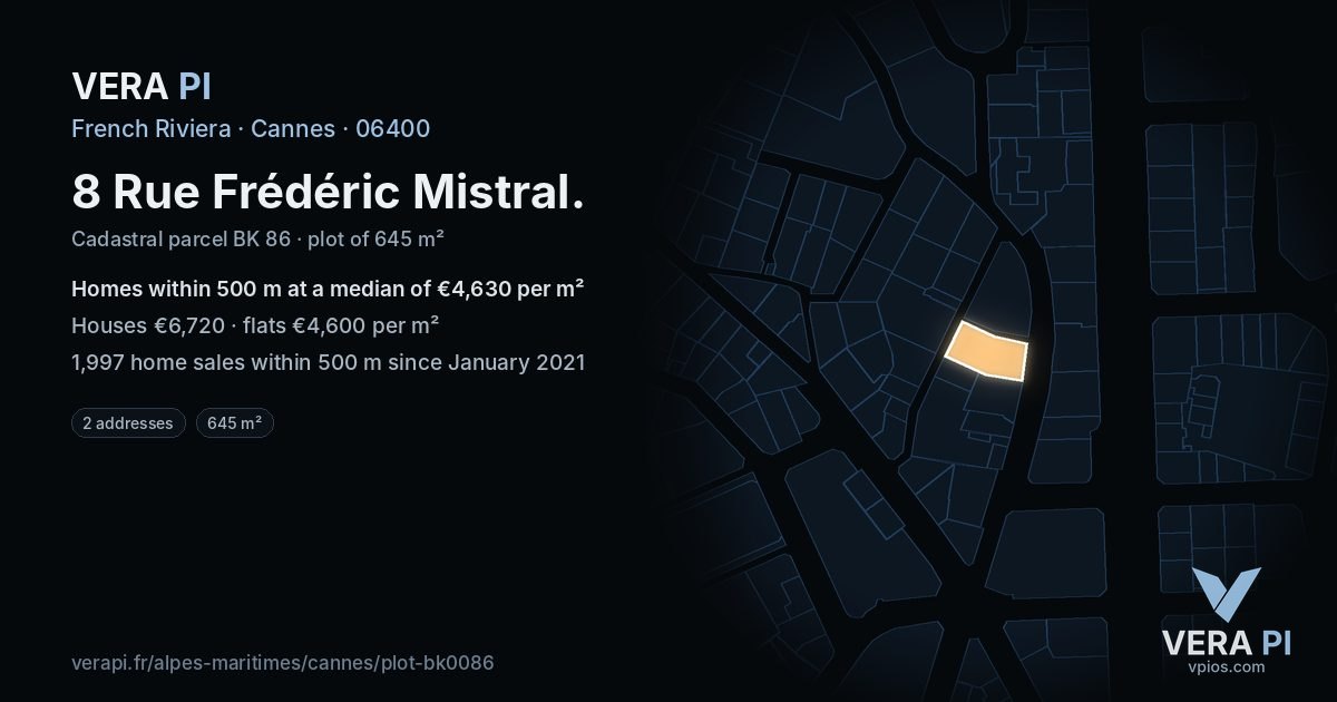 8 Rue Frédéric Mistral, Cannes at night – the plot lit, the parcels around coloured by the prices near them