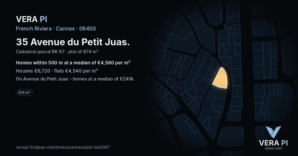 35 Avenue du Petit Juas, Cannes at night – the plot lit, the parcels around coloured by the prices near them