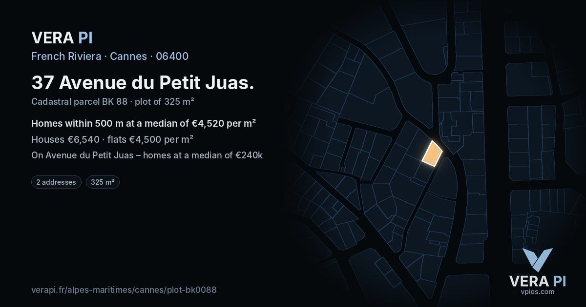 37 Avenue du Petit Juas, Cannes at night – the plot lit, the parcels around coloured by the prices near them