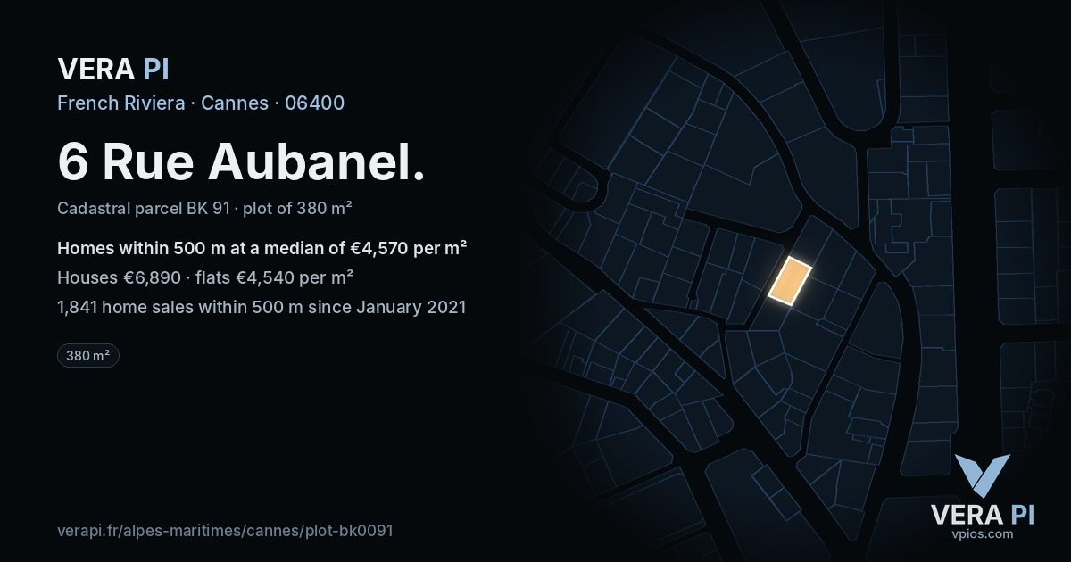 6 Rue Aubanel, Cannes at night – the plot lit, the parcels around coloured by the prices near them