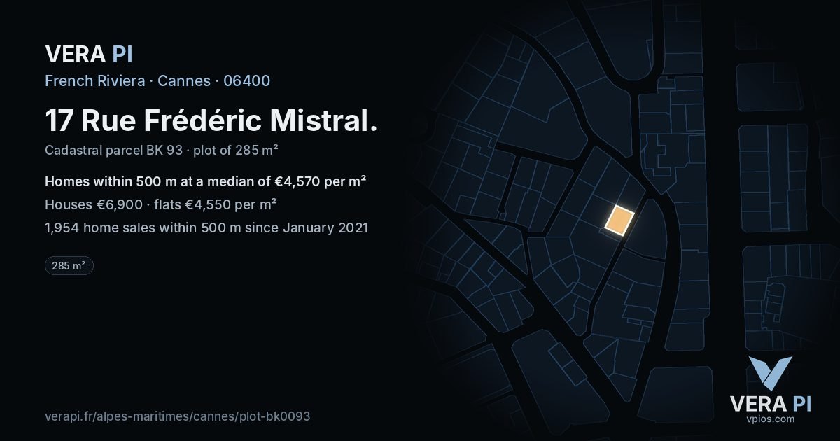 17 Rue Frédéric Mistral, Cannes at night – the plot lit, the parcels around coloured by the prices near them