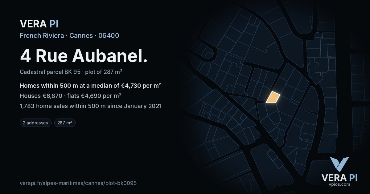 4 Rue Aubanel, Cannes at night – the plot lit, the parcels around coloured by the prices near them
