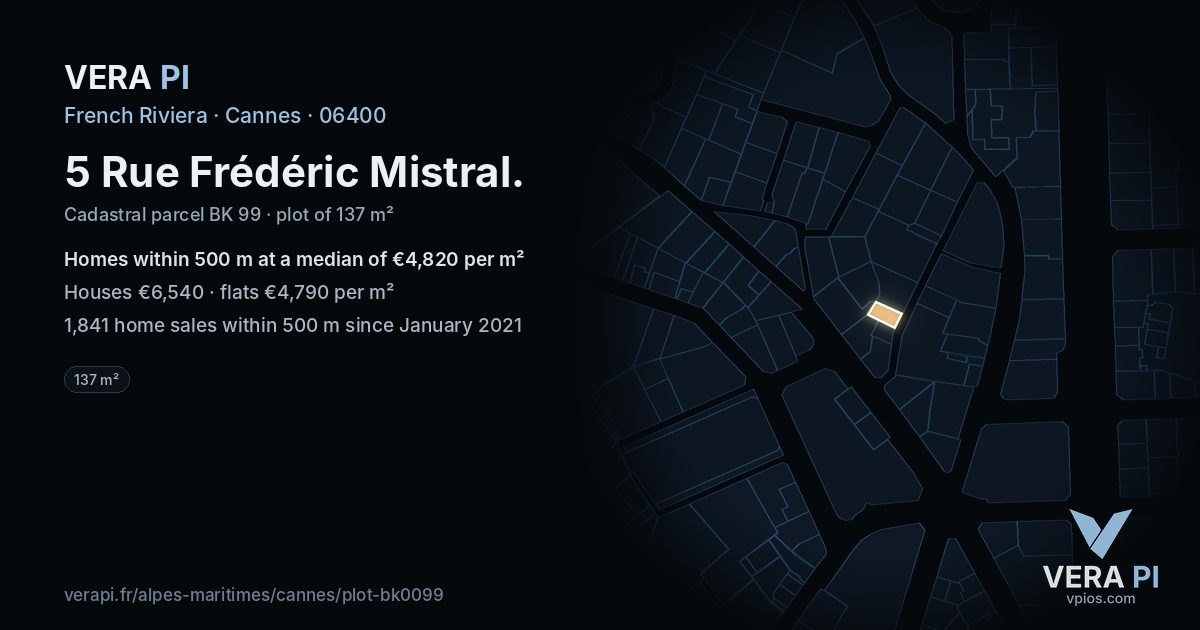 5 Rue Frédéric Mistral, Cannes at night – the plot lit, the parcels around coloured by the prices near them