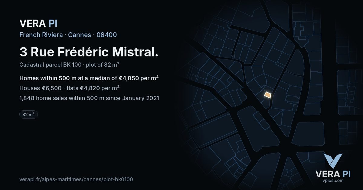 3 Rue Frédéric Mistral, Cannes at night – the plot lit, the parcels around coloured by the prices near them