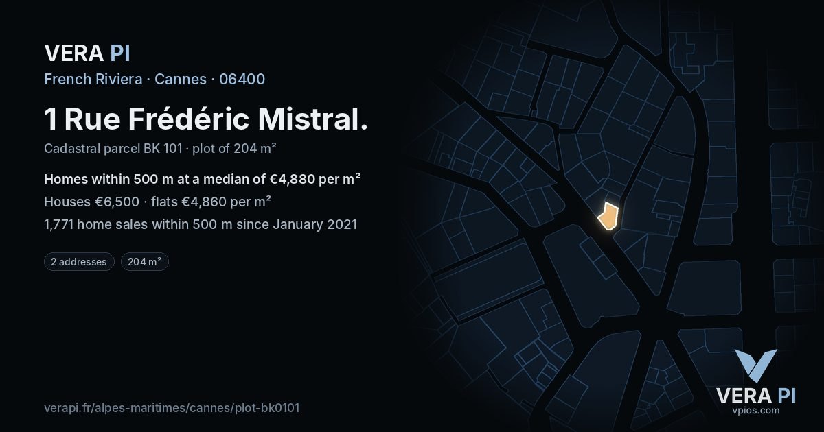 1 Rue Frédéric Mistral, Cannes at night – the plot lit, the parcels around coloured by the prices near them