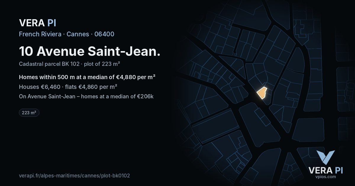 10 Avenue Saint-Jean, Cannes at night – the plot lit, the parcels around coloured by the prices near them