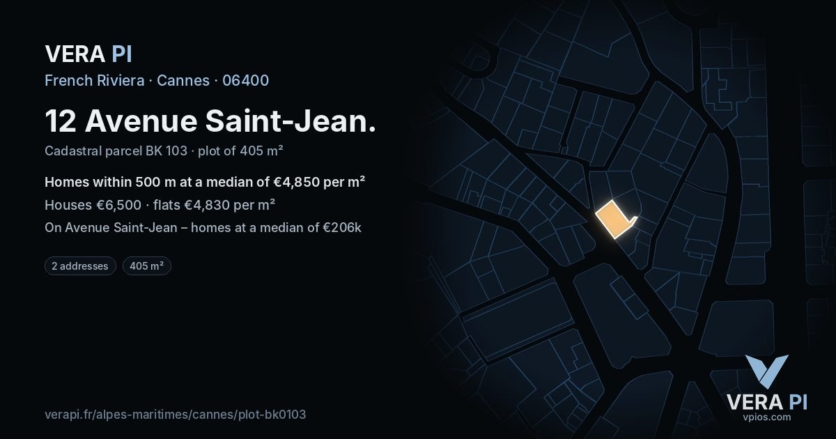 12 Avenue Saint-Jean, Cannes at night – the plot lit, the parcels around coloured by the prices near them