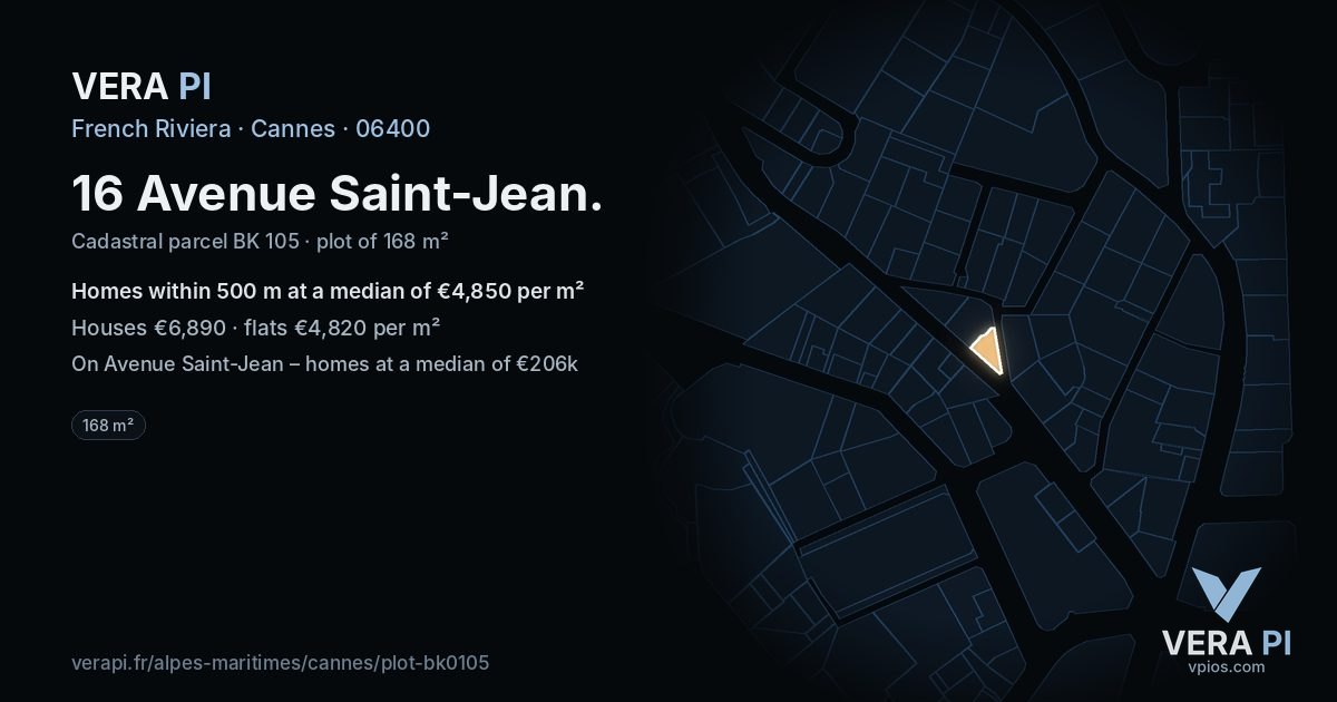 16 Avenue Saint-Jean, Cannes at night – the plot lit, the parcels around coloured by the prices near them