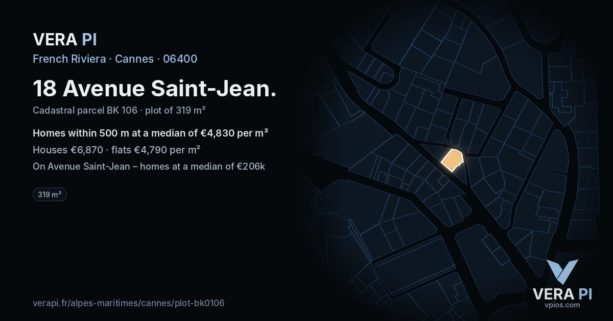 18 Avenue Saint-Jean, Cannes at night – the plot lit, the parcels around coloured by the prices near them