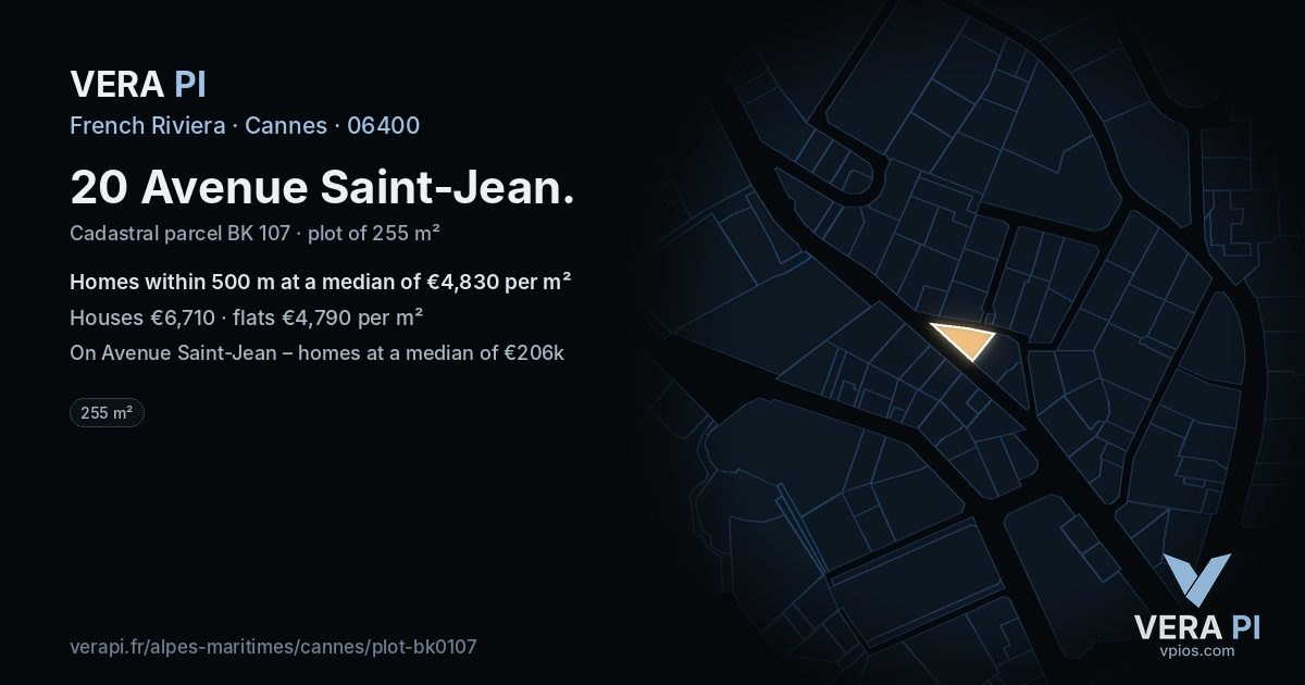 20 Avenue Saint-Jean, Cannes at night – the plot lit, the parcels around coloured by the prices near them