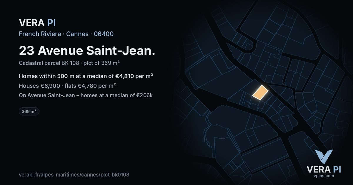 23 Avenue Saint-Jean, Cannes at night – the plot lit, the parcels around coloured by the prices near them