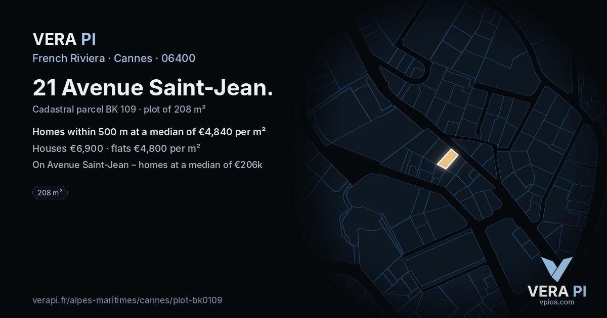 21 Avenue Saint-Jean, Cannes at night – the plot lit, the parcels around coloured by the prices near them
