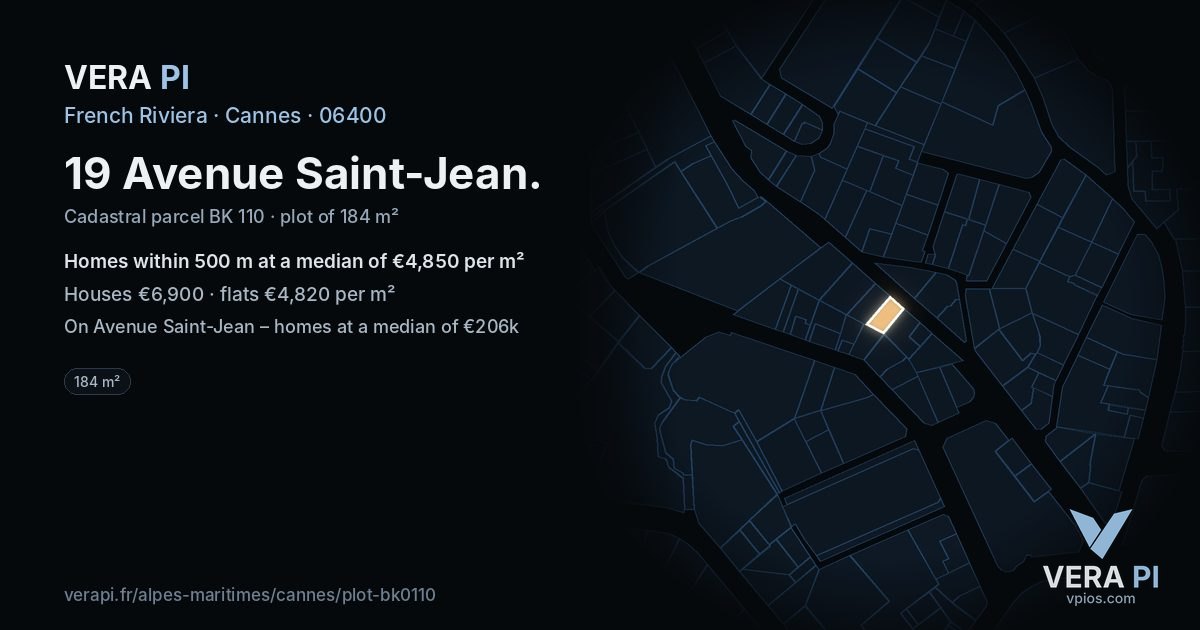 19 Avenue Saint-Jean, Cannes at night – the plot lit, the parcels around coloured by the prices near them