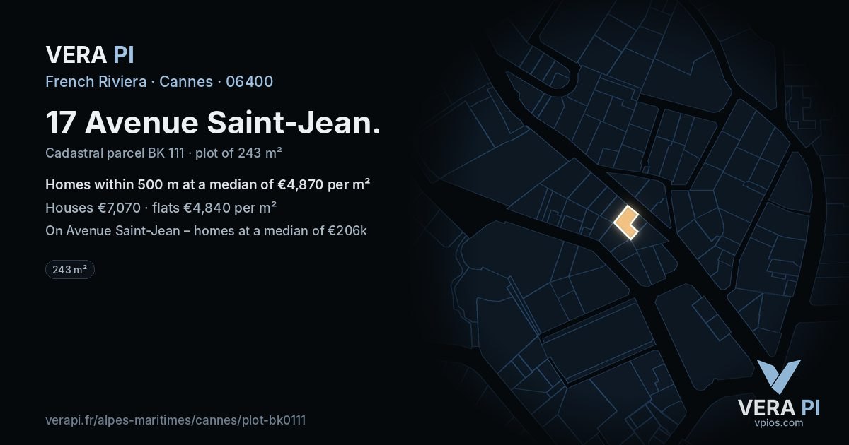 17 Avenue Saint-Jean, Cannes at night – the plot lit, the parcels around coloured by the prices near them
