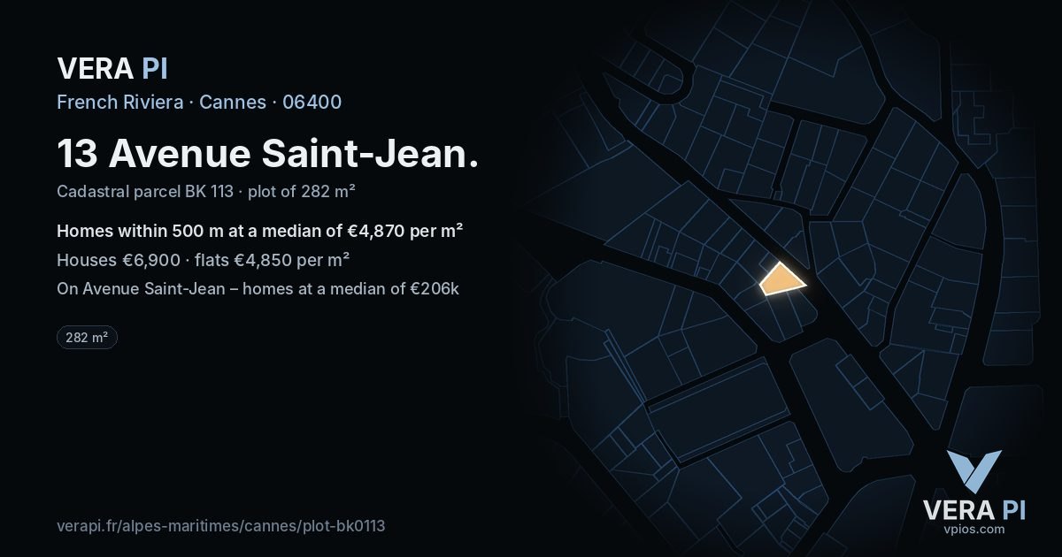 13 Avenue Saint-Jean, Cannes at night – the plot lit, the parcels around coloured by the prices near them
