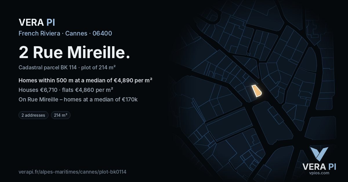 2 Rue Mireille, Cannes at night – the plot lit, the parcels around coloured by the prices near them