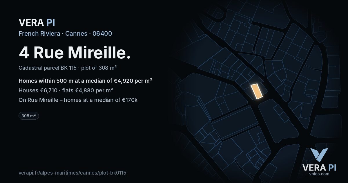 4 Rue Mireille, Cannes at night – the plot lit, the parcels around coloured by the prices near them