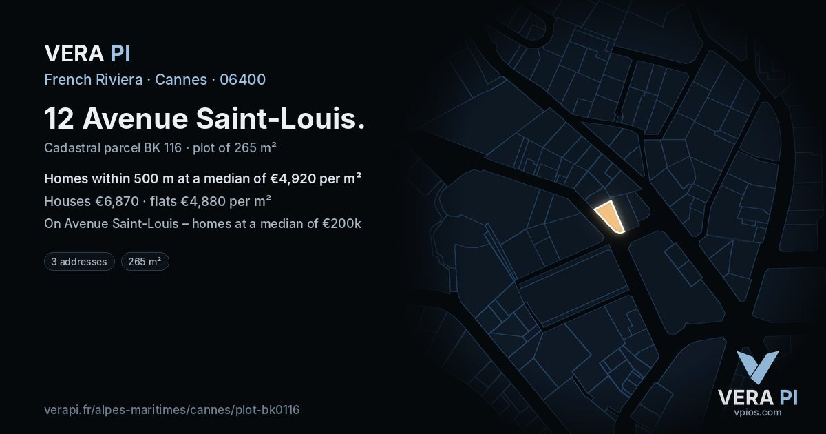 12 Avenue Saint-Louis, Cannes at night – the plot lit, the parcels around coloured by the prices near them