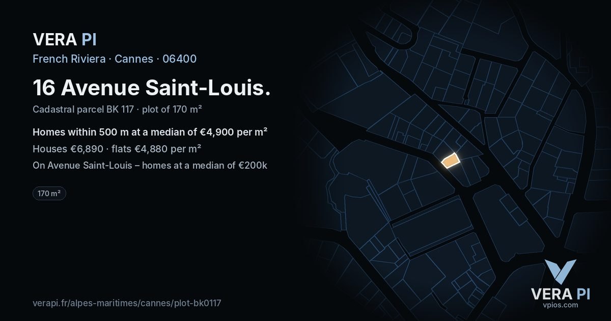 16 Avenue Saint-Louis, Cannes at night – the plot lit, the parcels around coloured by the prices near them