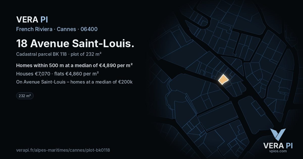 18 Avenue Saint-Louis, Cannes at night – the plot lit, the parcels around coloured by the prices near them