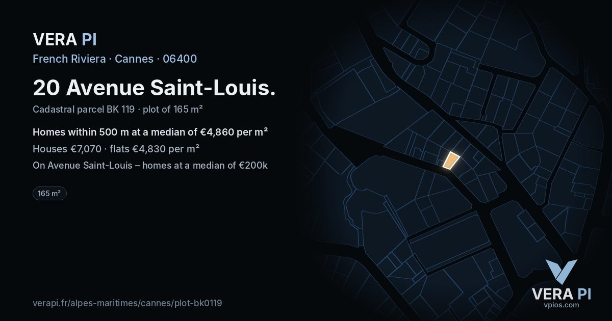 20 Avenue Saint-Louis, Cannes at night – the plot lit, the parcels around coloured by the prices near them
