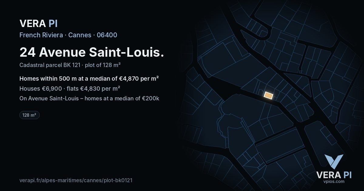 24 Avenue Saint-Louis, Cannes at night – the plot lit, the parcels around coloured by the prices near them