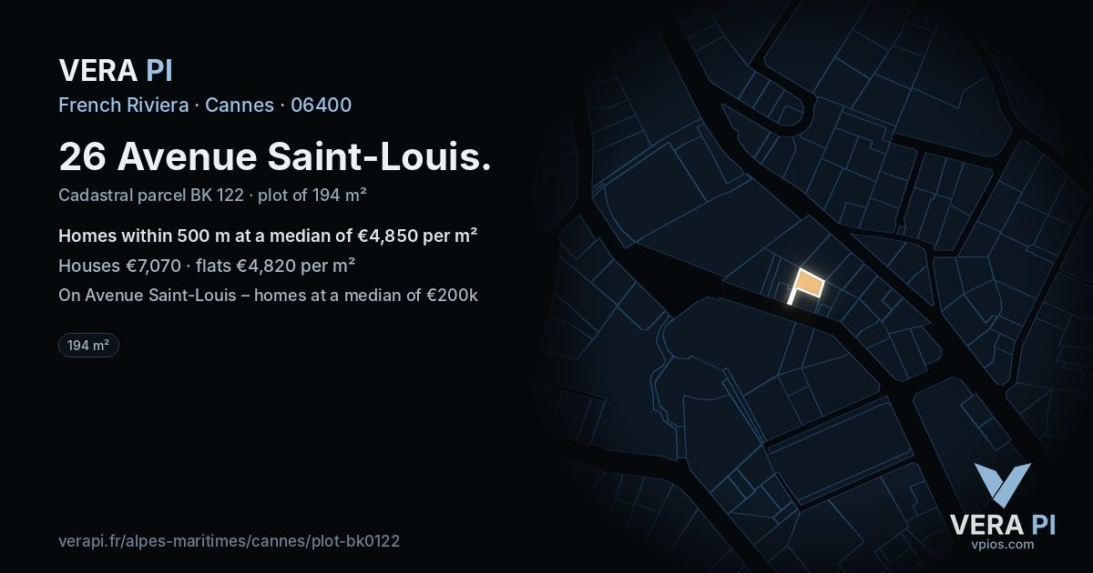 26 Avenue Saint-Louis, Cannes at night – the plot lit, the parcels around coloured by the prices near them