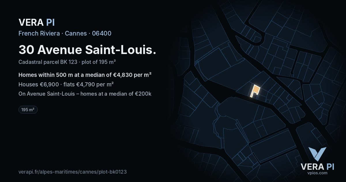 30 Avenue Saint-Louis, Cannes at night – the plot lit, the parcels around coloured by the prices near them