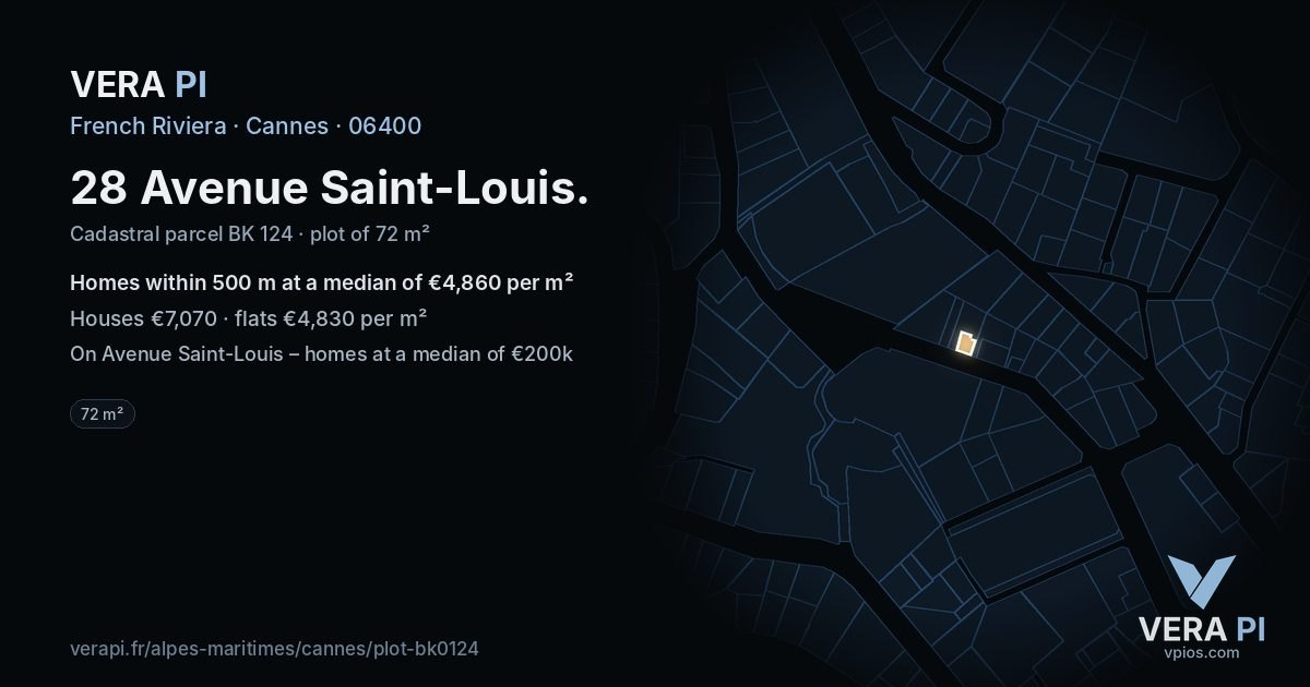 28 Avenue Saint-Louis, Cannes at night – the plot lit, the parcels around coloured by the prices near them