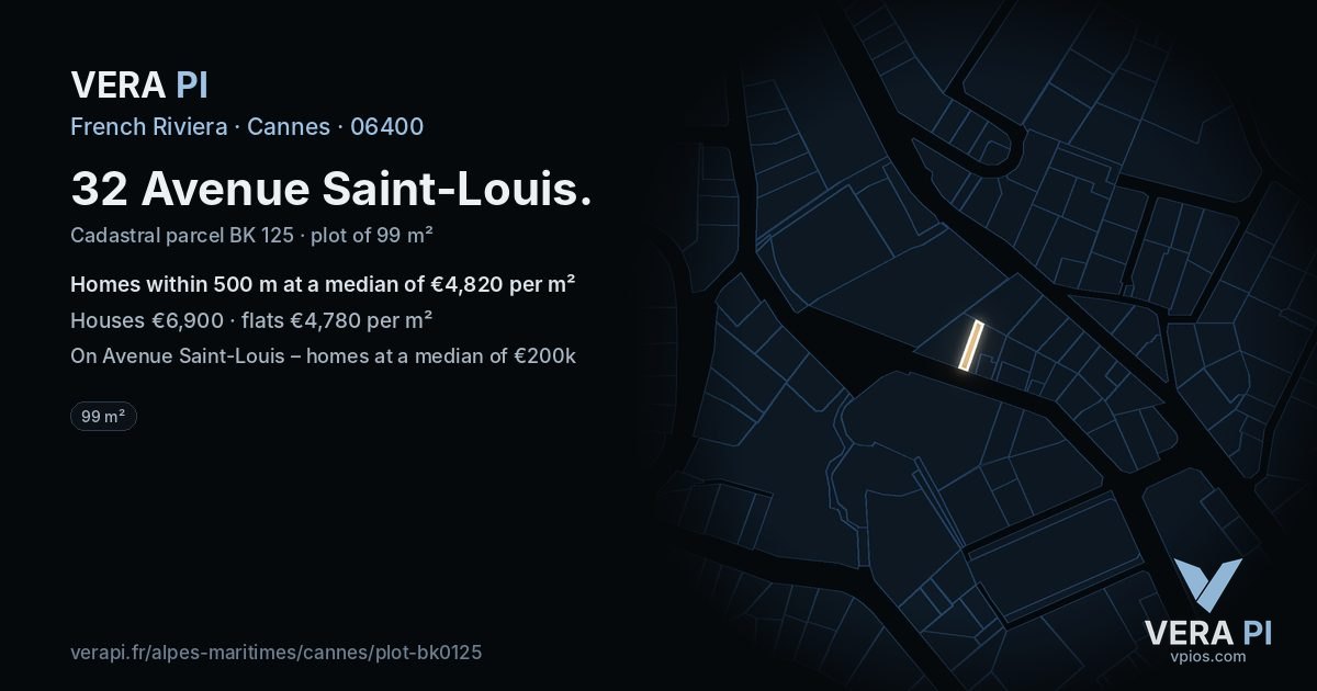 32 Avenue Saint-Louis, Cannes at night – the plot lit, the parcels around coloured by the prices near them