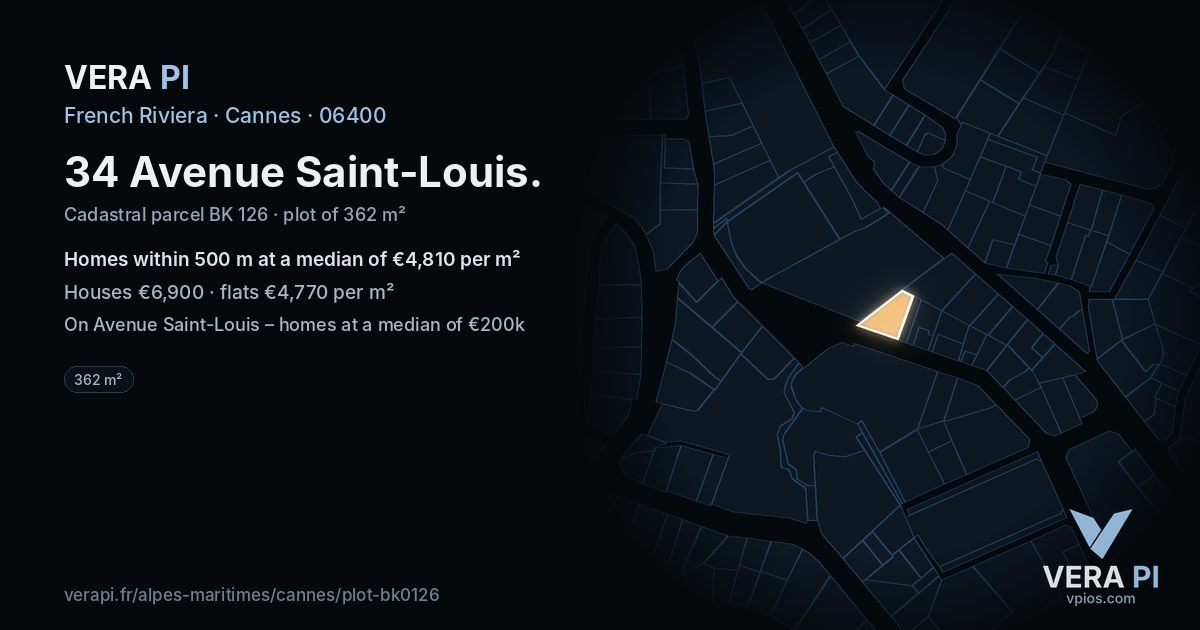 34 Avenue Saint-Louis, Cannes at night – the plot lit, the parcels around coloured by the prices near them