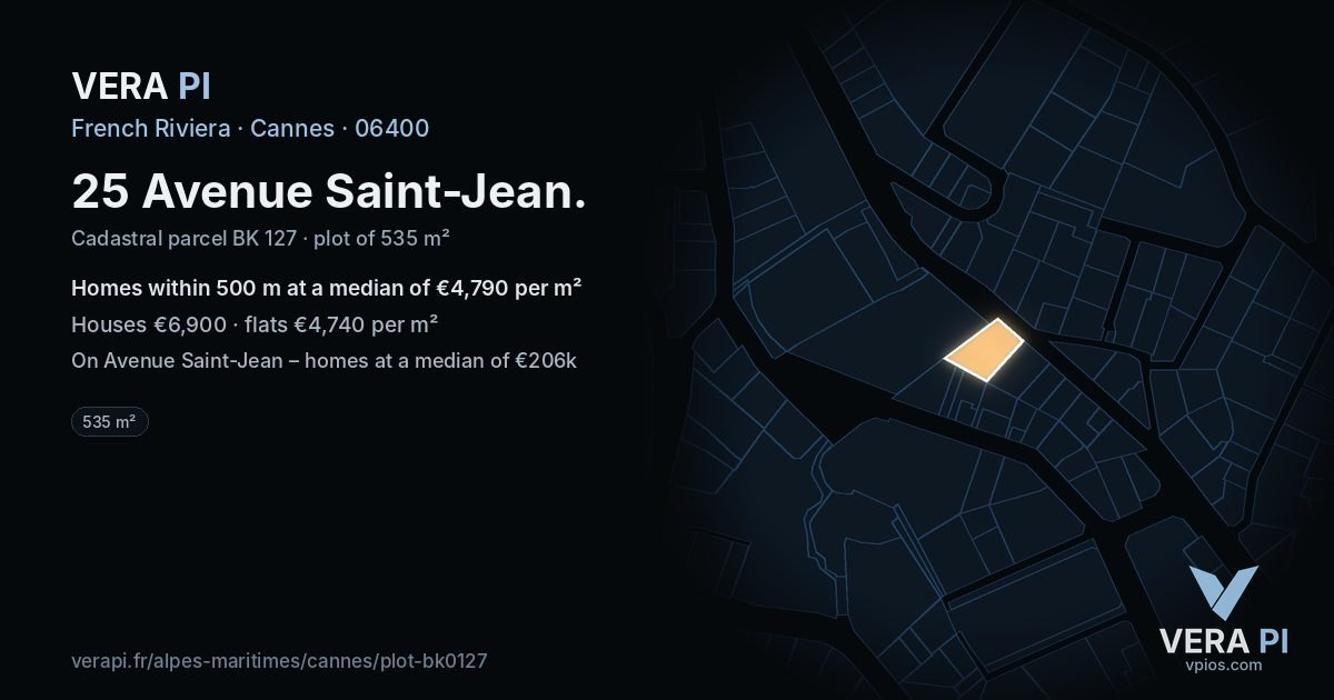 25 Avenue Saint-Jean, Cannes at night – the plot lit, the parcels around coloured by the prices near them