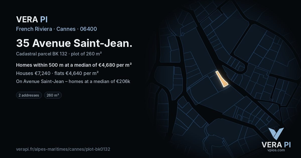 35 Avenue Saint-Jean, Cannes at night – the plot lit, the parcels around coloured by the prices near them