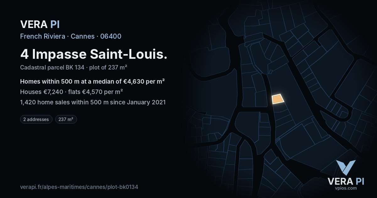 4 Impasse Saint-Louis, Cannes at night – the plot lit, the parcels around coloured by the prices near them