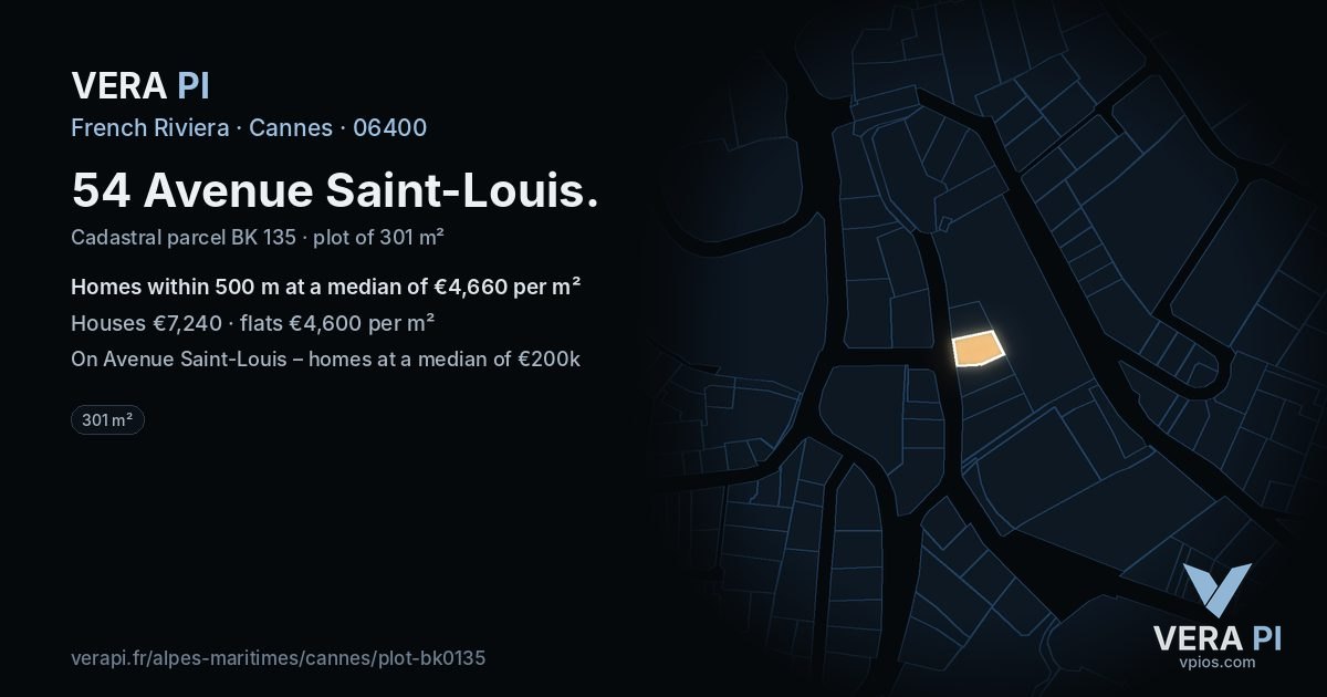 54 Avenue Saint-Louis, Cannes at night – the plot lit, the parcels around coloured by the prices near them