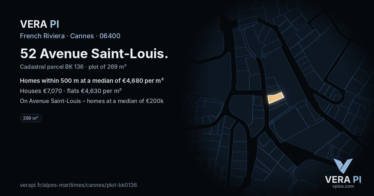 52 Avenue Saint-Louis, Cannes at night – the plot lit, the parcels around coloured by the prices near them
