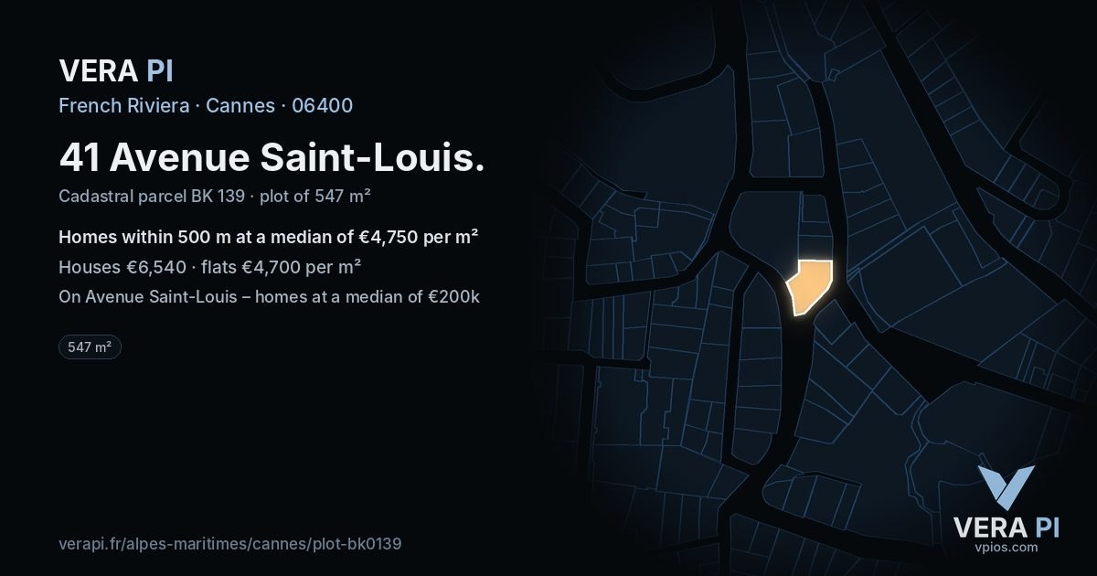 41 Avenue Saint-Louis, Cannes at night – the plot lit, the parcels around coloured by the prices near them