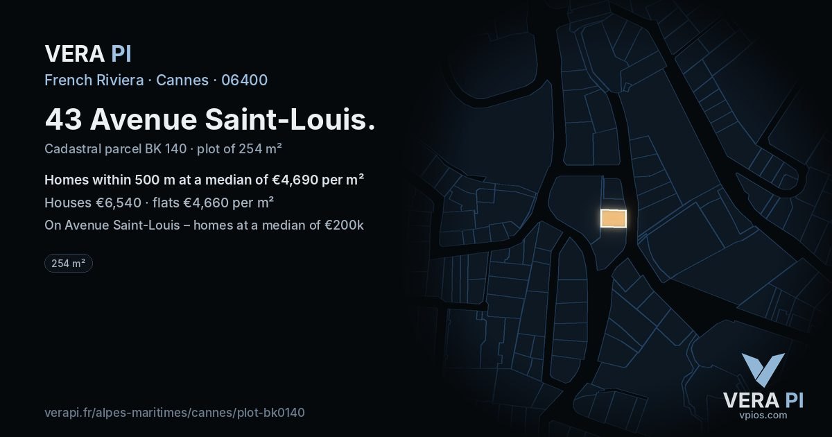 43 Avenue Saint-Louis, Cannes at night – the plot lit, the parcels around coloured by the prices near them