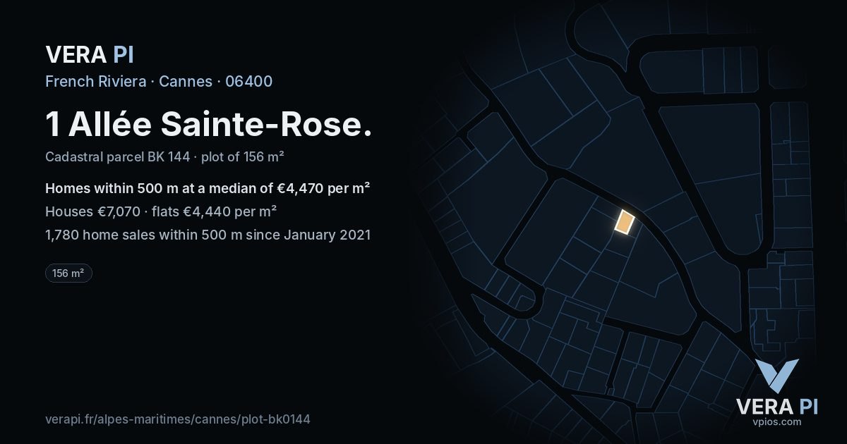 1 Allée Sainte-Rose, Cannes at night – the plot lit, the parcels around coloured by the prices near them