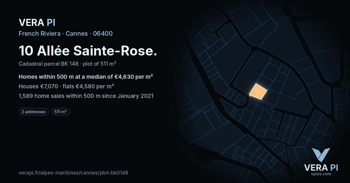 10 Allée Sainte-Rose, Cannes at night – the plot lit, the parcels around coloured by the prices near them