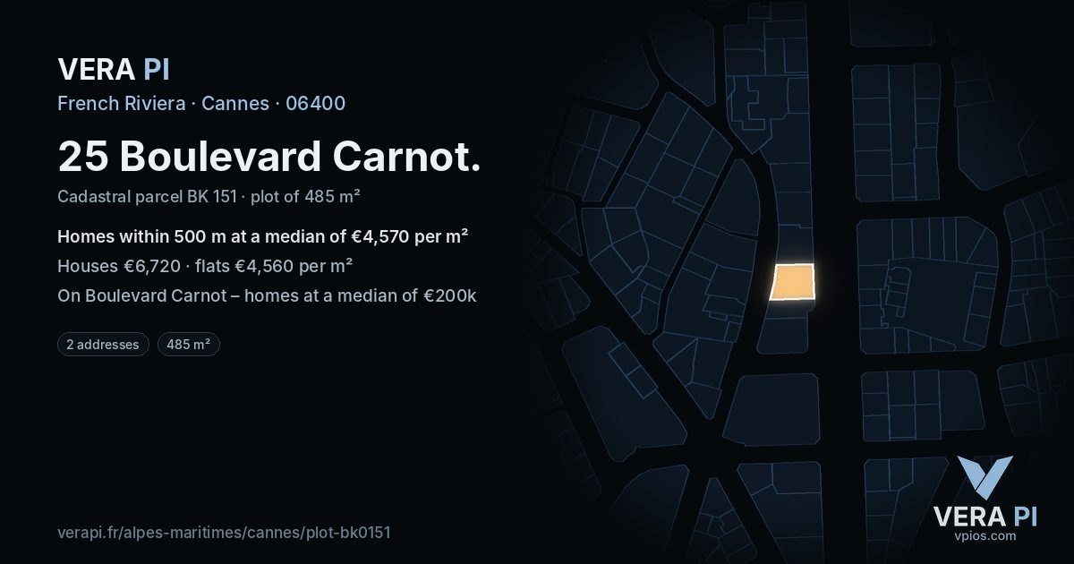 25 Boulevard Carnot, Cannes at night – the plot lit, the parcels around coloured by the prices near them