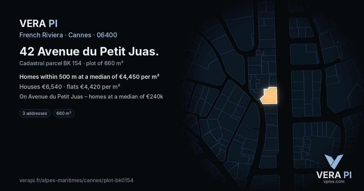 42 Avenue du Petit Juas, Cannes at night – the plot lit, the parcels around coloured by the prices near them